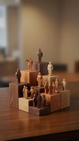 Wooden blocks arranged in pyramid with miniature business people figures representing corporate hierarchy, leadership levels and organizational structure.