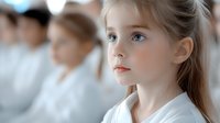 Young girl with blue eyes and long brown hair wearing white, looking thoughtfully to side with soft dreamy expression against blurred background. Artistic portrait study.