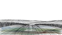 Agricultural farmland with plowed furrows creating geometric patterns across rolling hills. Monochrome line art style shows cultivation rows for crop planting.