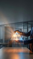 Businessman hands holding glowing triangle hologram in modern office space representing innovation technology and digital transformation concepts.