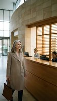 Mature Caucasian businesswoman in beige coat standing in modern corporate lobby with reception desk and contemporary architecture for business concepts.