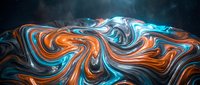 Abstract fluid art with swirling orange and blue metallic waves creating dynamic motion patterns against dark background for modern design projects.