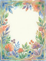 Watercolor floral frame with gold border, pastel flowers, berries, and leaves surrounding a blank center for text or design.