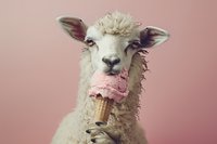 Funny sheep eating strawberry ice cream cone against pink background, humorous animal portrait with whimsical expression and messy eating style.