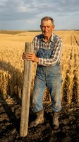 Senior male farmer of Caucasian ethnicity standing in harvested grain field holding wooden fence post, wearing denim overalls and plaid shirt, representing agricultural work and rural lifestyle.
