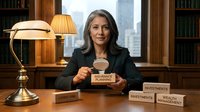 Professional mature businesswoman with gray hair sitting at executive desk in corporate office with city skyline view and law books for financial consulting.