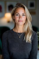 Young Caucasian woman with blonde hair and natural makeup wearing gray sweater and delicate necklace smiling at camera. Soft window lighting creates warm atmosphere.