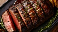 Juicy sliced beef tenderloin steak cooked medium rare with herbs and rosemary served on dark plate, close up view of grilled meat on wooden table.