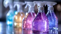 Colorful spray bottles filled with cleaning solutions in vibrant blue, pink, and purple hues lined up on reflective surface with soft bokeh background effect.