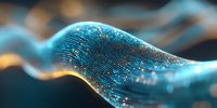 Futuristic digital wave pattern with glowing blue and gold particles flowing in smooth curved motion against dark background, representing data visualization.
