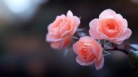 Delicate coral pink roses with water droplets on petals against dark blurred background, creating romantic and dreamy atmosphere for wedding and greeting cards.