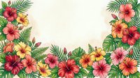 Watercolor tropical hibiscus flowers and palm leaves frame with copy space, vibrant red, orange, yellow blooms on light background.