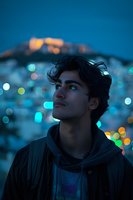 Young man with dark tousled hair gazing upward against twilight cityscape with bokeh lights and illuminated hillside landmark in background.