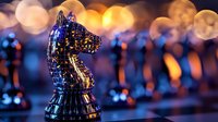 Glass chess knight piece with blue and golden bokeh lights creating magical atmosphere. Strategic game piece on dark background with blurred reflections.
