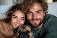 Happy young couple with pug dog relaxing together at home on couch, smiling at camera in cozy living room setting for lifestyle and pet ownership content.