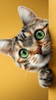 Adorable tabby kitten with bright green eyes peeking around corner on yellow background for pet care advertising and animal lover content.