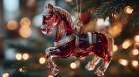 Red glass horse ornament with golden details against blurred Christmas lights and pine branches, creating festive holiday atmosphere.