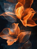 Abstract orange and blue translucent leaves with flowing organic shapes and warm glowing light effects on dark background for modern design projects.