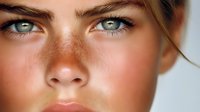 Close up portrait of young woman with freckles, natural makeup, and intense blue eyes looking directly at camera against light background. Artistic beauty shot.