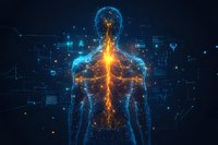 Glowing digital human anatomy visualization with orange and blue light effects on dark background with futuristic interface elements and data points.