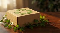 Eco-friendly cardboard package with green recycling symbols surrounded by natural plants on wooden surface for sustainable shipping solutions.