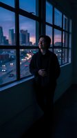 Young Asian businessman standing by office windows at twilight overlooking city skyline with purple sunset and urban lights for corporate success concepts.