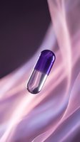 Purple capsule pill floating on soft pink silk fabric background for pharmaceutical and healthcare concepts.