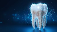 Digital tooth model with glowing network connections on blue background for dental technology and healthcare innovation concepts.