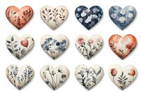 Watercolor heart-shaped ceramic decorations with floral patterns in navy blue, coral, and beige tones for Valentine's Day or home decor.