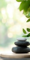 Zen stones stacked with green leaves on wooden surface against soft bokeh background, creating peaceful spa and wellness atmosphere for meditation practice.