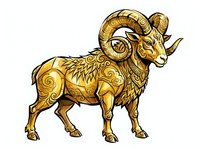 Golden ram with ornate decorative patterns and swirling designs on white background, isolated artwork suitable for logos, t-shirt designs, and branding projects.