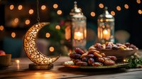 Ramadan festive setting with illuminated decorative crescent moon lantern, dates on traditional plate and glowing lanterns against bokeh lights background.
