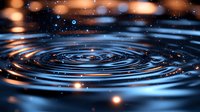 Mesmerizing water ripples creating concentric circles with orange and blue reflections against dark background, droplets floating above surface in magical atmosphere.