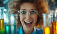 Excited young female scientist with curly red hair and glasses expressing joy in laboratory surrounded by colorful test tubes and chemical experiments.