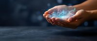 Hands holding glowing digital stock market chart with upward trending graph, representing financial growth, investment success, and business analytics for corporate presentations.