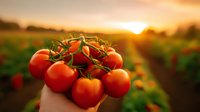 Fresh ripe red tomatoes on vine held up against golden sunset in agricultural field, dramatic natural lighting highlights organic produce and farming landscape.