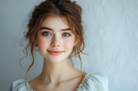 Young Caucasian woman with brown hair in messy bun and natural makeup smiling softly at camera against white textured wall background for portrait photography.