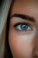 Close-up macro shot of bright blue-green eye with long eyelashes and defined eyebrow. Natural freckles on fair skin and blonde hair visible in soft focus background.