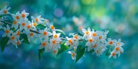 Blooming white narcissus flowers with orange centers on branch against blurred turquoise background. Spring garden scene.
