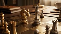 Wooden chess pieces on board with warm lighting creating strategic game atmosphere for intellectual competition and mental challenge activities.