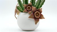 Succulent plant with star-shaped brown spotted flowers in white ceramic pot, isolated on white background for design, home decor, and botanical projects.