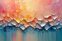 Vibrant abstract oil painting with textured palette knife strokes in coral pink and turquoise blue tones creating dramatic contrast and movement across canvas surface.