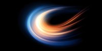 Abstract light trails forming curved shape against black background, glowing blue and orange energy waves creating dynamic spiral motion effect for technology designs.