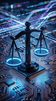 Digital justice scales on futuristic circuit board with glowing blue lights representing cyber law, legal technology and digital ethics in modern society.
