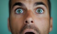 Close-up portrait of surprised Caucasian male with bright green eyes and shocked facial expression against turquoise background. Emotional reaction concept.
