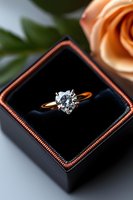 Elegant solitaire diamond engagement ring in rose gold setting displayed in black velvet box with peach rose in background, showcasing luxury jewelry proposal.