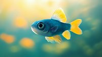 Blue and yellow tropical fish swimming in aqua waters with soft bokeh background, vibrant fins and detailed scales create serene underwater atmosphere.