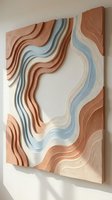 Abstract wooden wall art featuring flowing wavy lines in terracotta, cream, and blue tones carved into natural wood panels. Contemporary home decor.