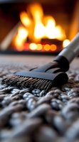 Vacuum cleaner brush on carpet with cozy fireplace in background, creating warm atmospheric home cleaning scene with soft bokeh flames and selective focus.