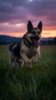 German shepherd dog running through green grass field at sunset with dramatic purple and orange sky in background creating stunning outdoor portrait.